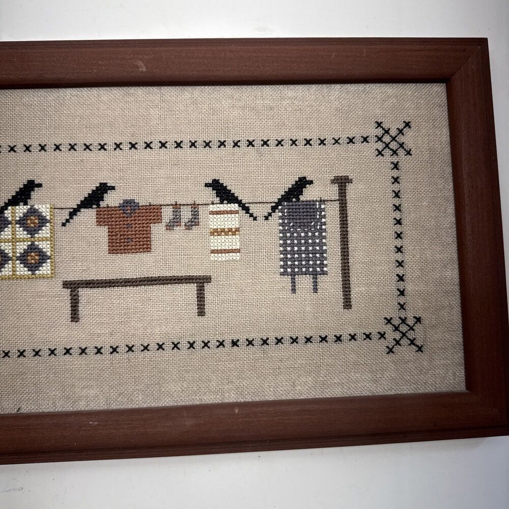 Crows On Clothesline Framed Cross Stitch Completed 16”x8.5” Framed Art - Picture 3 of 9